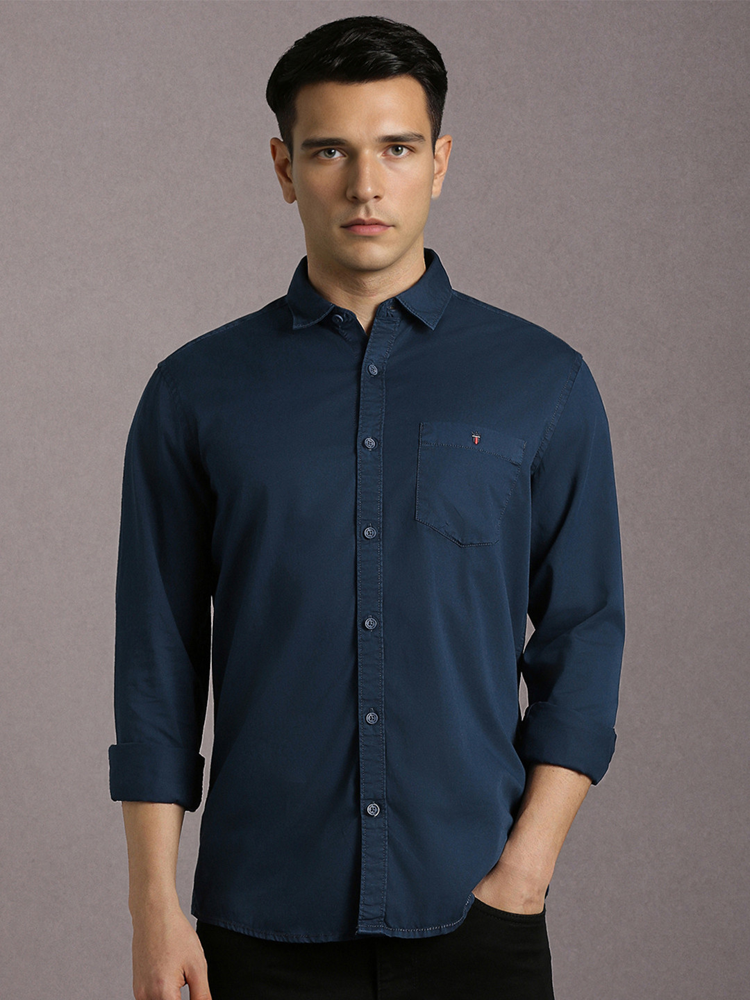 Louis Philippe Jeans Men Navy Blue Regular Fit Solid Casual Shirt