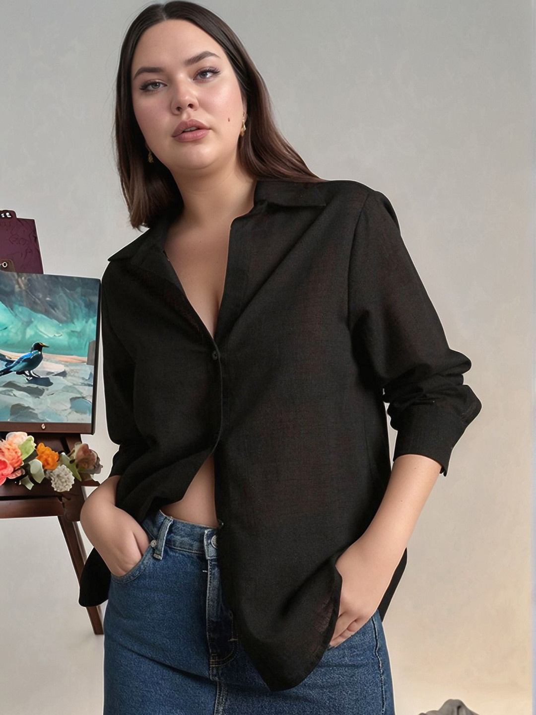 Molly & Michel Women Comfort Oversized Fit Solid Spread Collar Cotton Casual Shirt