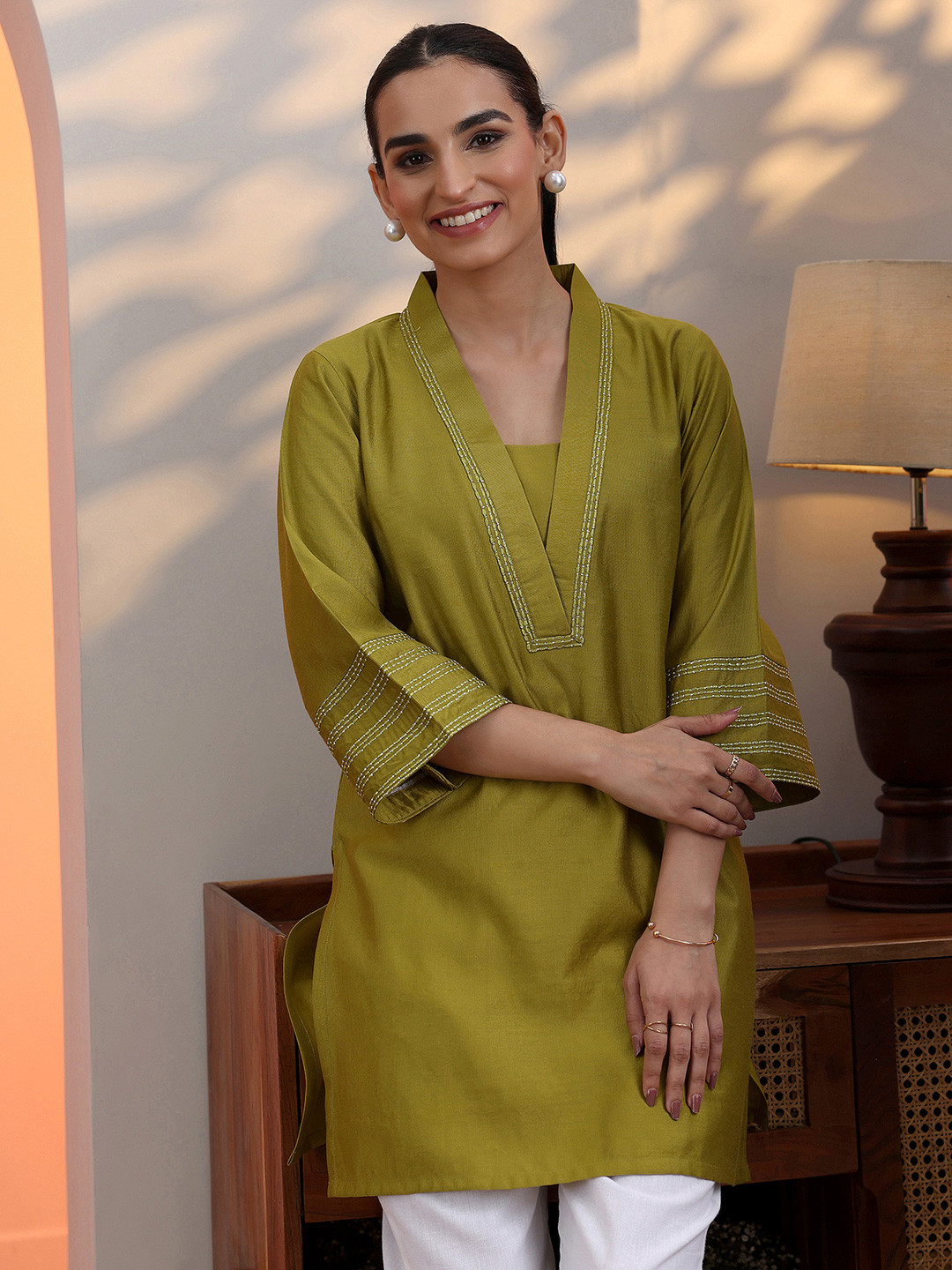 Libas V-Neck Zari Flared Sleeves Straight Kurti
