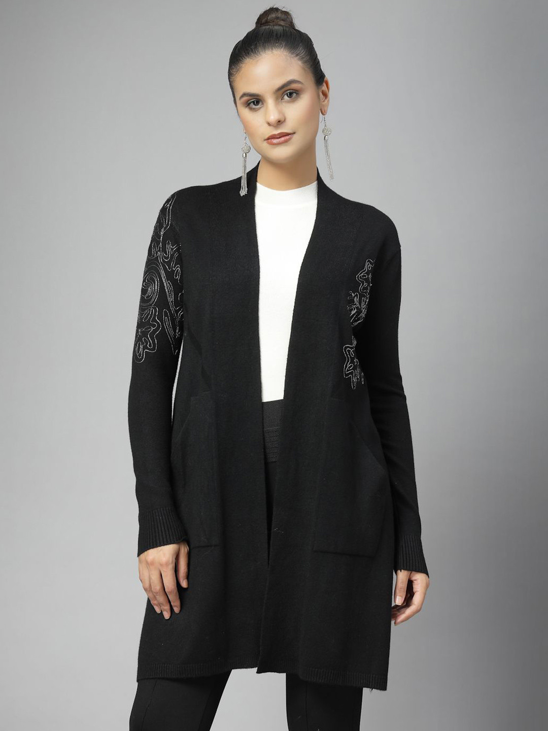 Mafadeny Women's Open-Front Embroidered Long Shrug with Pockets