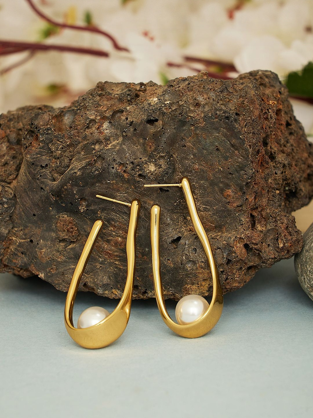 Beenth & Doneth Women 18K Gold Plated Stainless Steel Pearl Loop Earrings