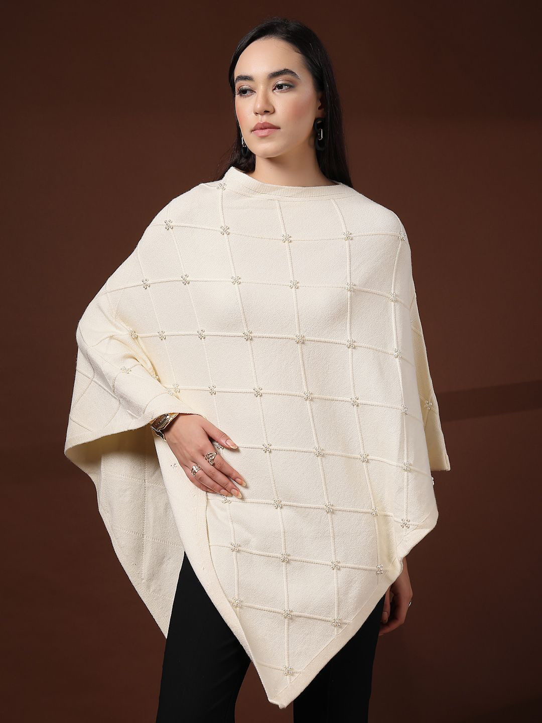 Mafadeny Beaded Grid Boat Neck Poncho