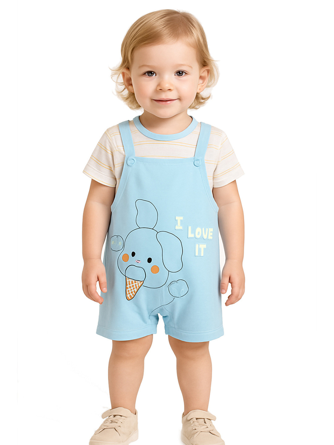 Bold N Elegant Infants Cartoon Ice-Cream Printed Short Dungaree With T-Shirt