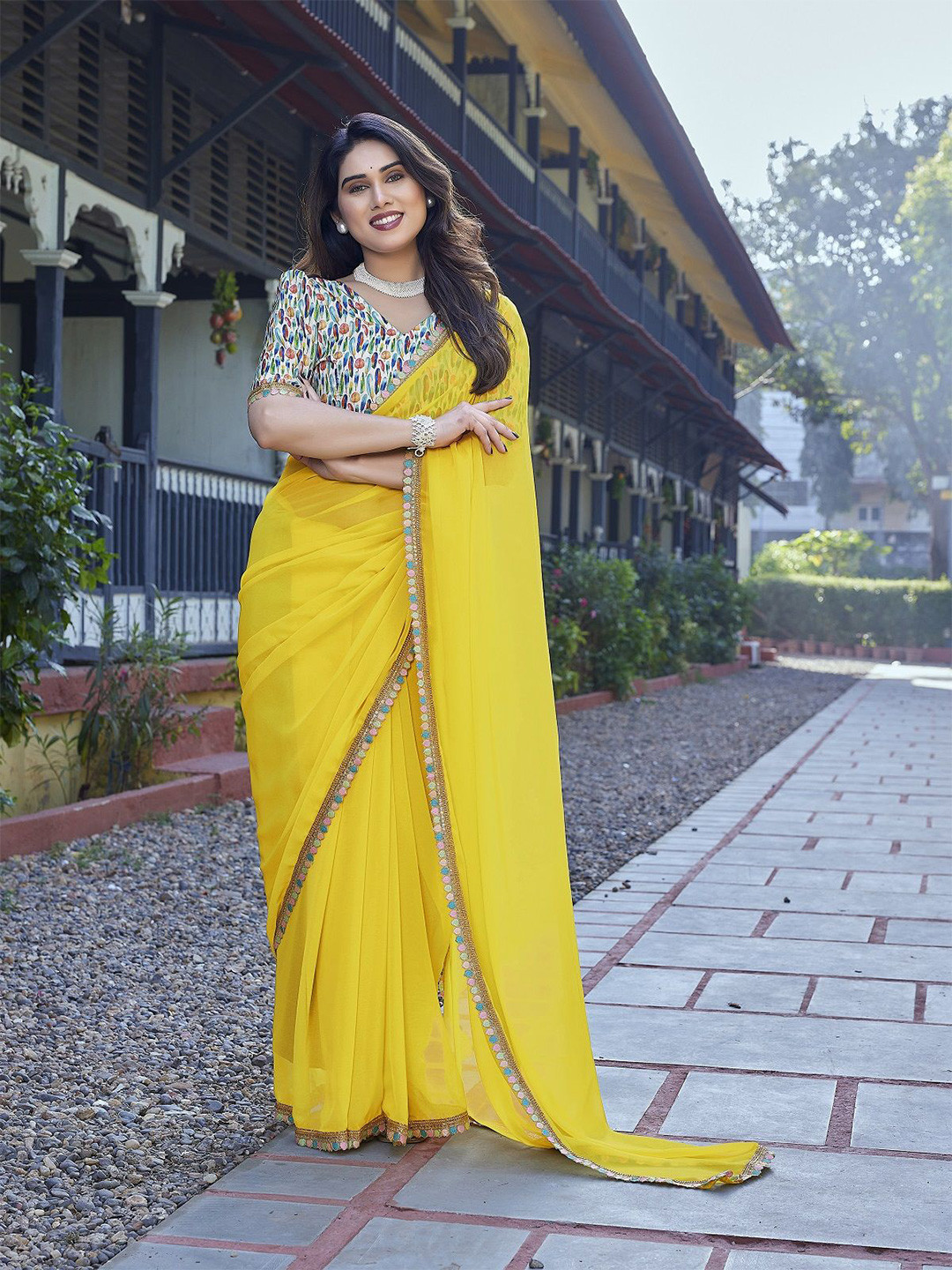 DWIJA FASHION Embellished Beads and Stones Border Saree with Blouse Piece