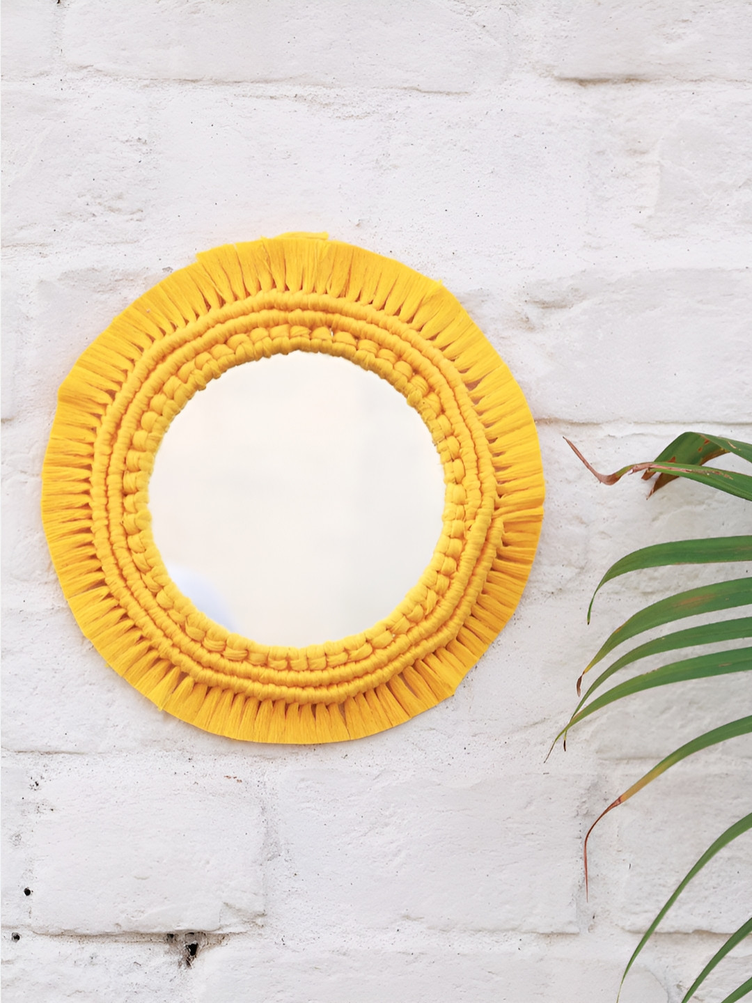 Story of Knots Yellow Bohemian Handmade Macrame Round Wall Mirror
