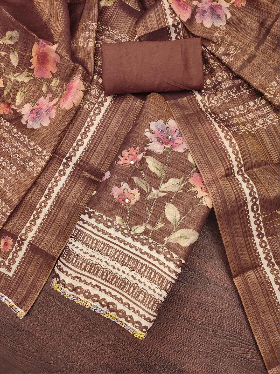 KALINI Women Coffee Colour Embroidered Cotton Silk Unstitched Dress Material