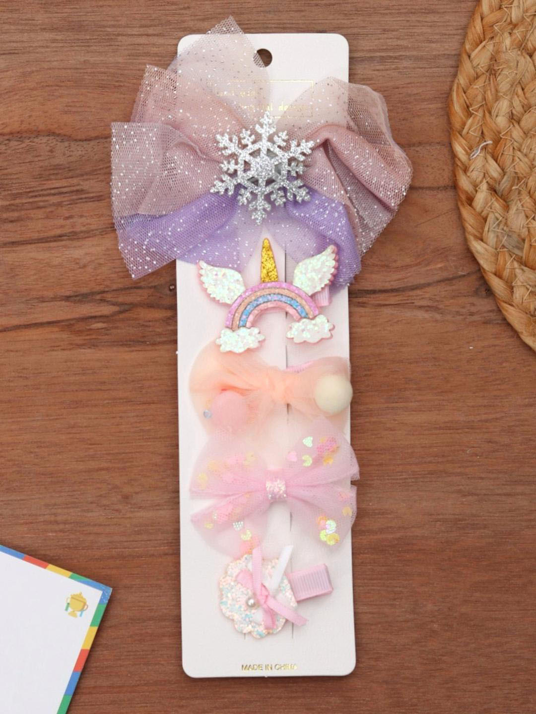 Yellow Bee Girls Pink & Purple Set of 5 Embellished Alligator Clips