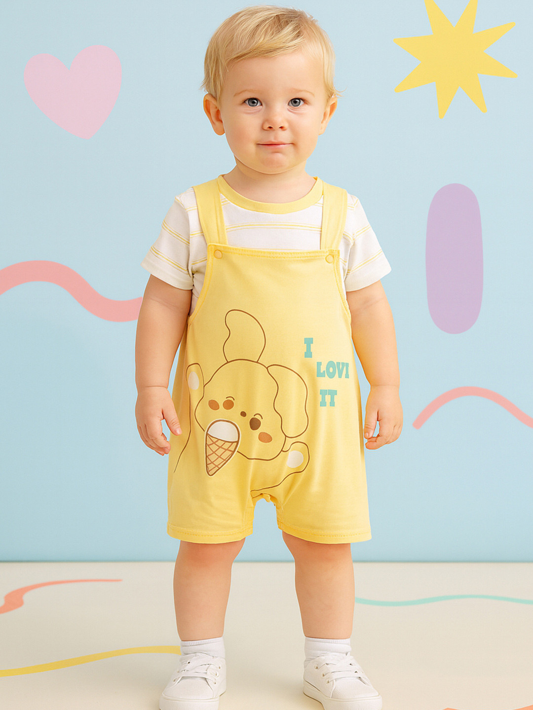 Bold N Elegant Infants Cartoon  Printed Short Dungaree With T-Shirt