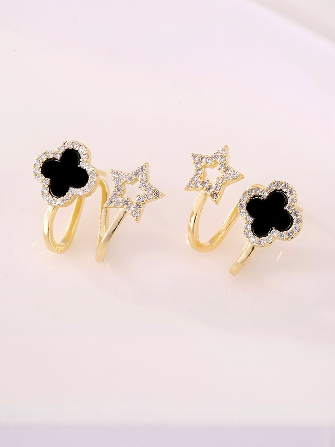 DressBerry Women Black & Gold Clover & Star Cuff Earrings