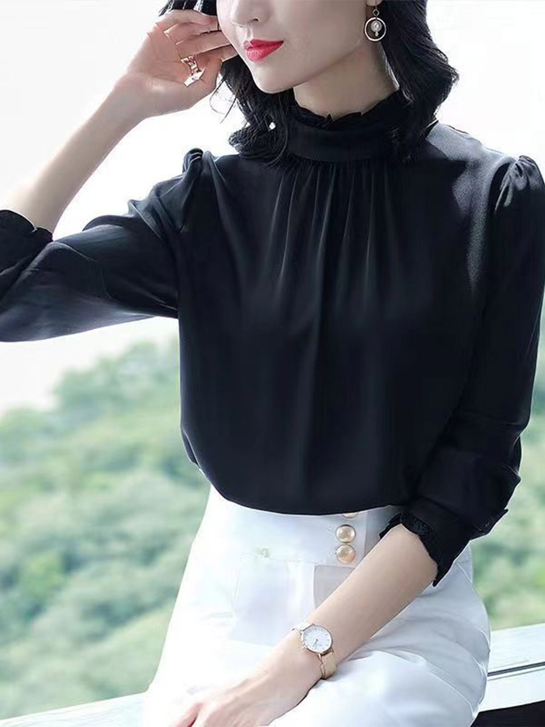StyleCast Women High Neck Long Sleeves Cotton Top