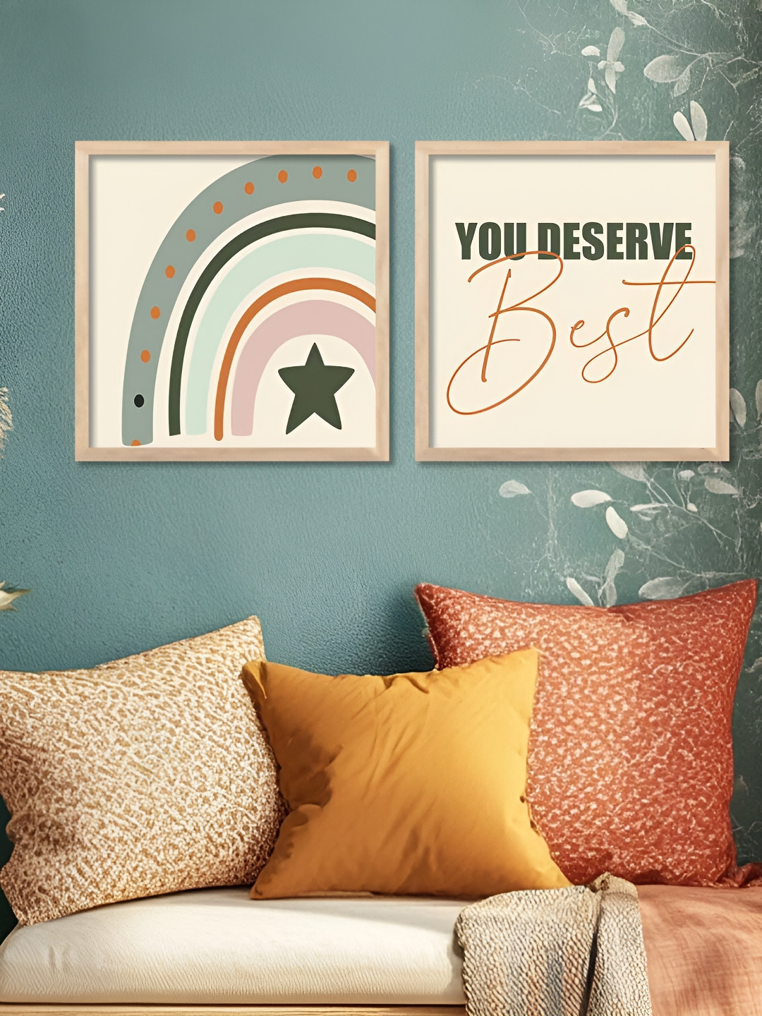 Kotart Beige & Green 2 Pieces Abstract Boho Wooden Wall Art