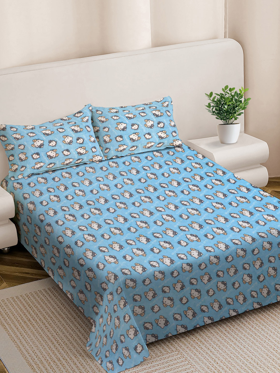 FABINALIV Blue Cartoon Characters Wool 300 TC King Fine Bedsheet with 2 Pillow Covers-98 x 89 inches