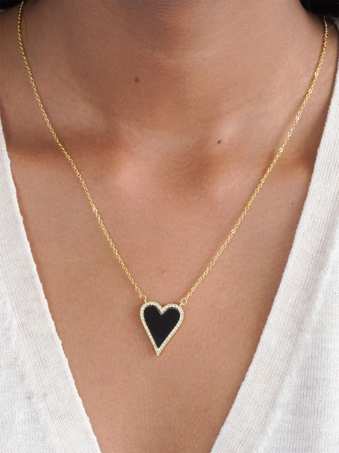 AQUASTREET 18K Gold Plated Waterproof, Anti-Tarnish Black Heart Zircon Pendant Necklace
