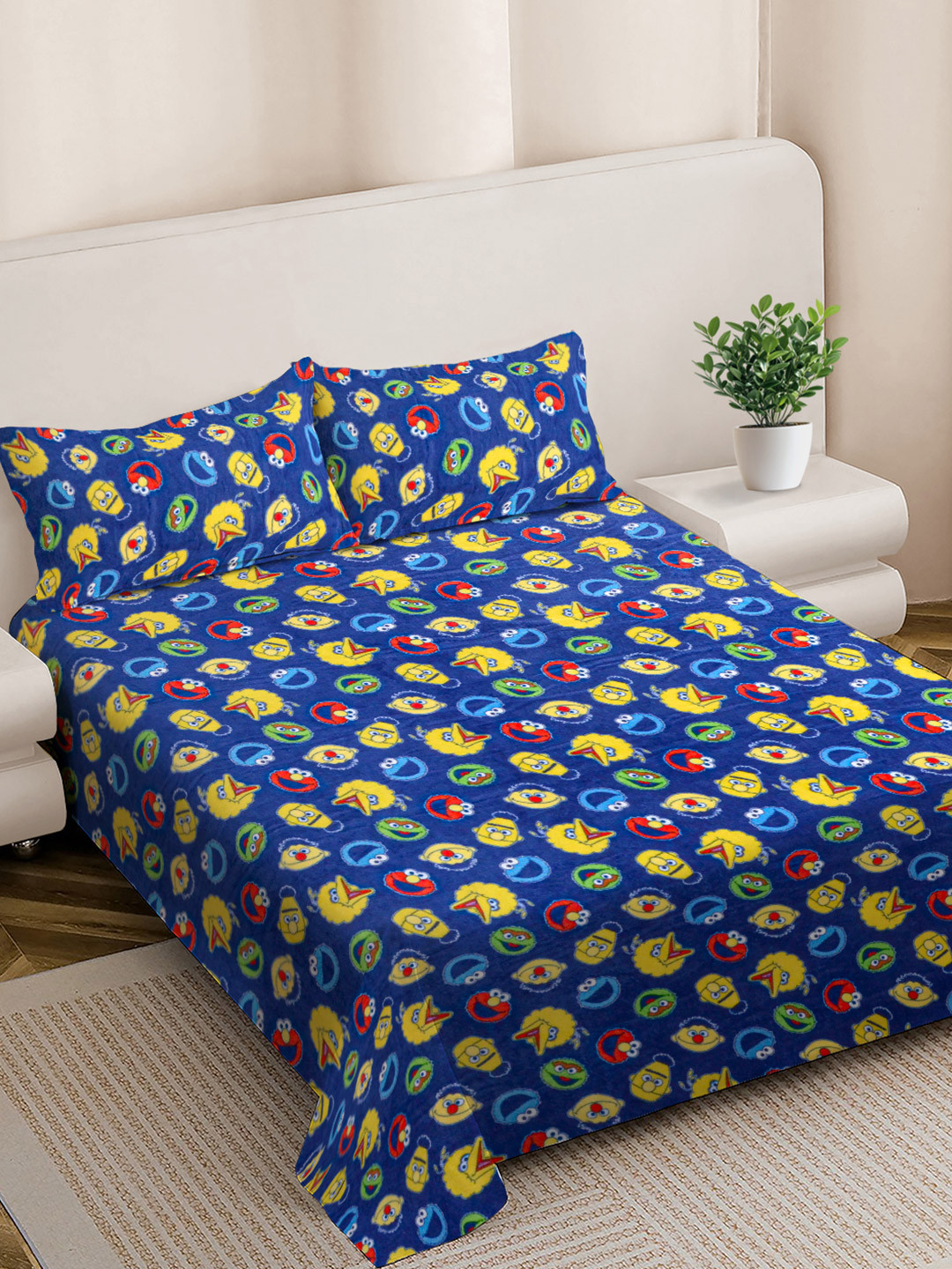 FABINALIV Blue Cartoon Characters Wool 300 TC King Fine Bedsheet with 2 Pillow Covers-98 x 89 inches