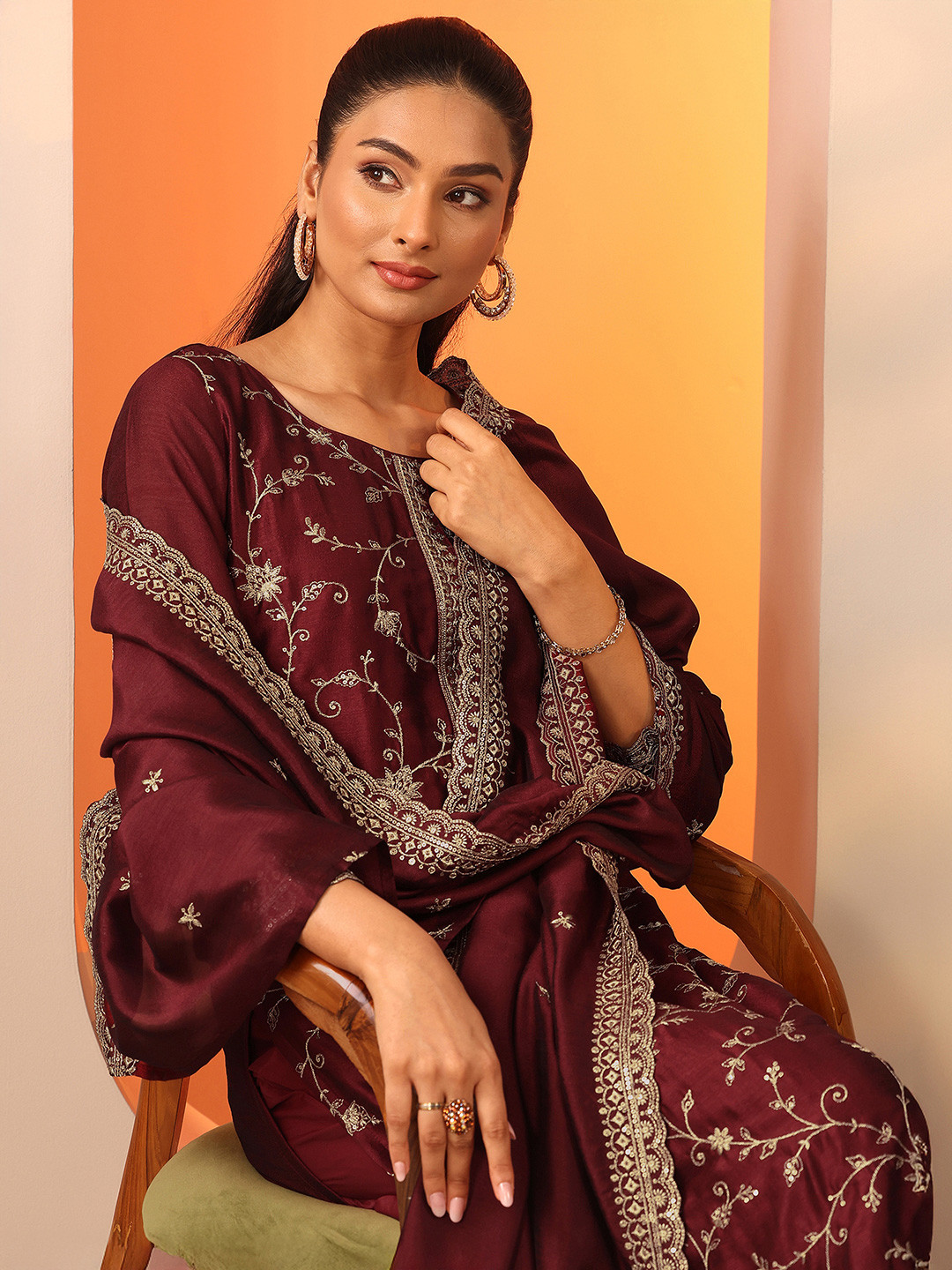 Libas Women Ethnic Motifs Embroidered Kurta with Trouser & Dupatta