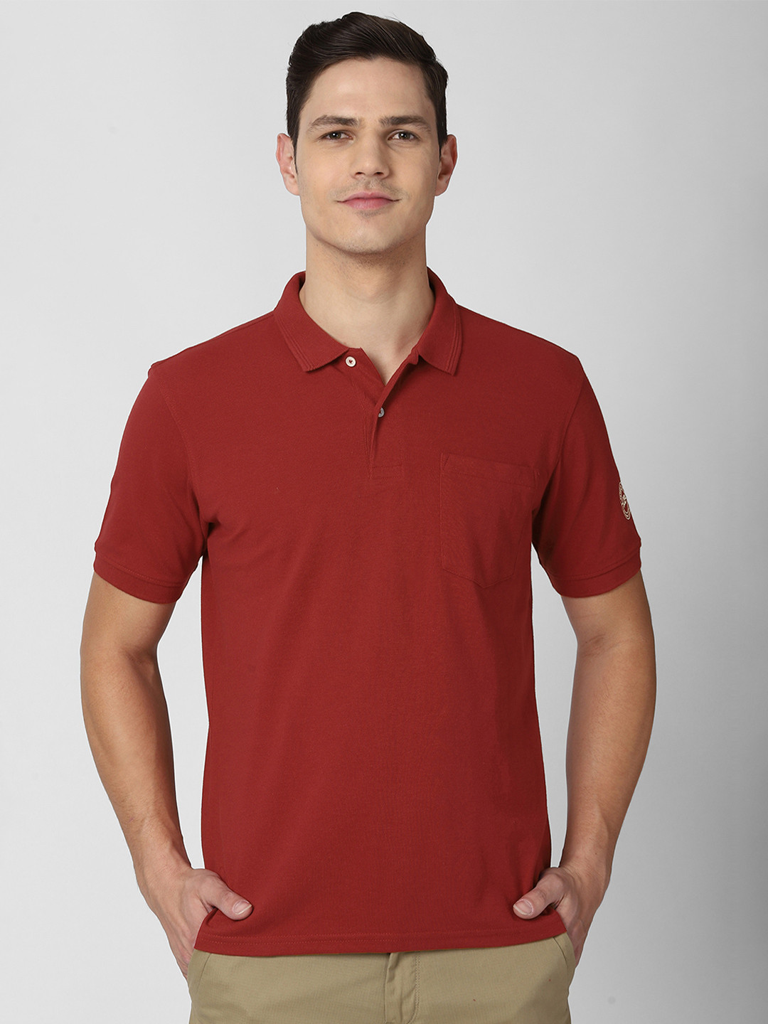 Peter England Men Red Self Design Polo Collar T-shirt