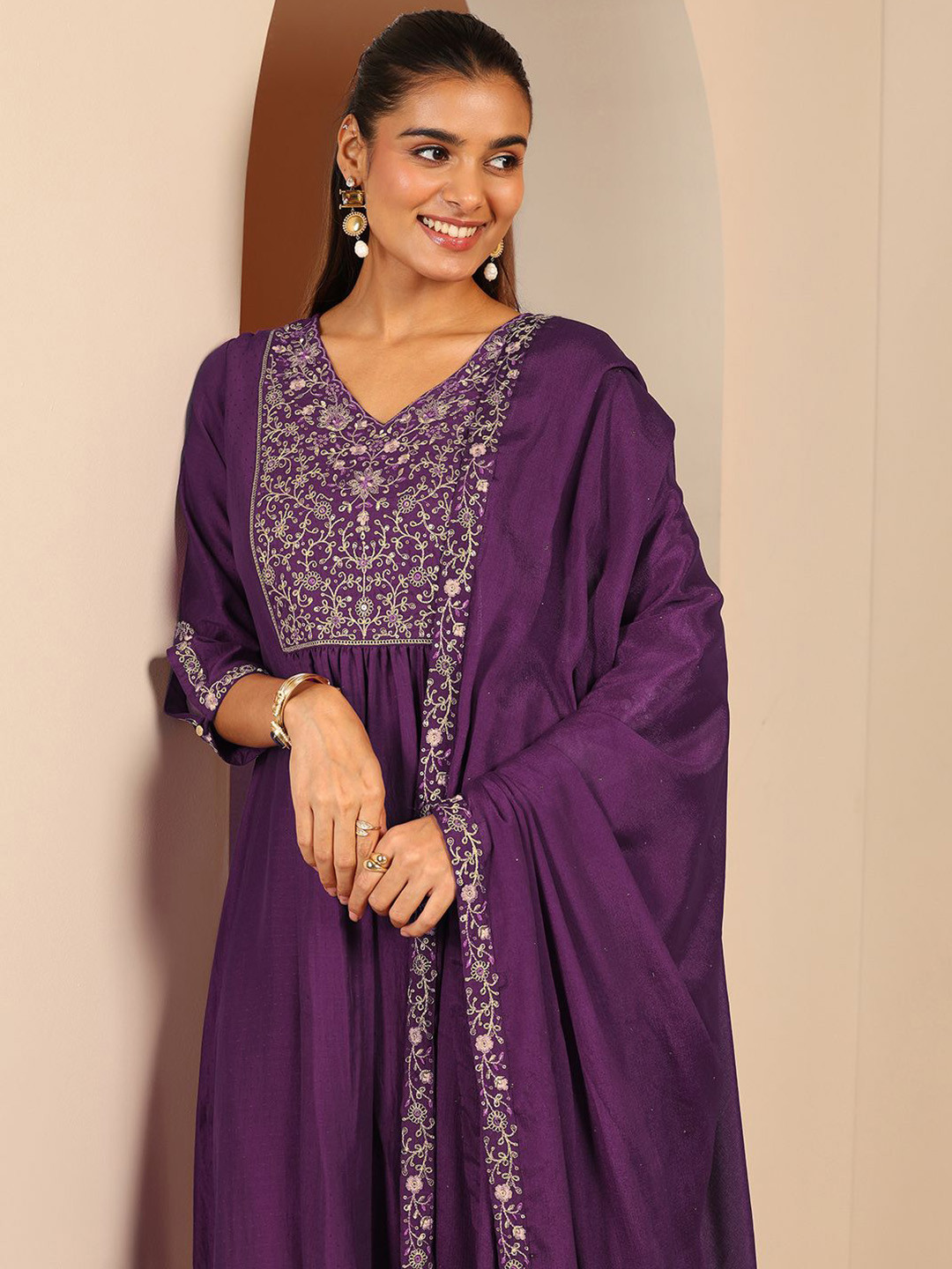 Libas Womens Burgundy Embroidered Anarkali Kurta With Trousers & Dupatta