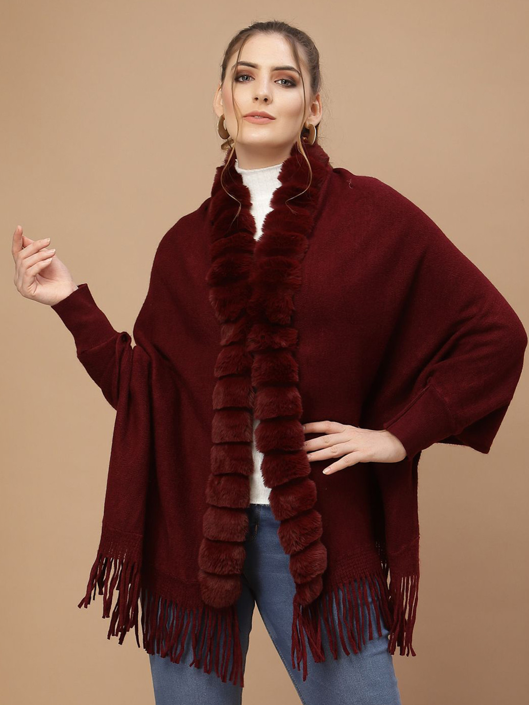 Mafadeny Women's V-Neck with Faux Fur Border and Fringe Hem Poncho
