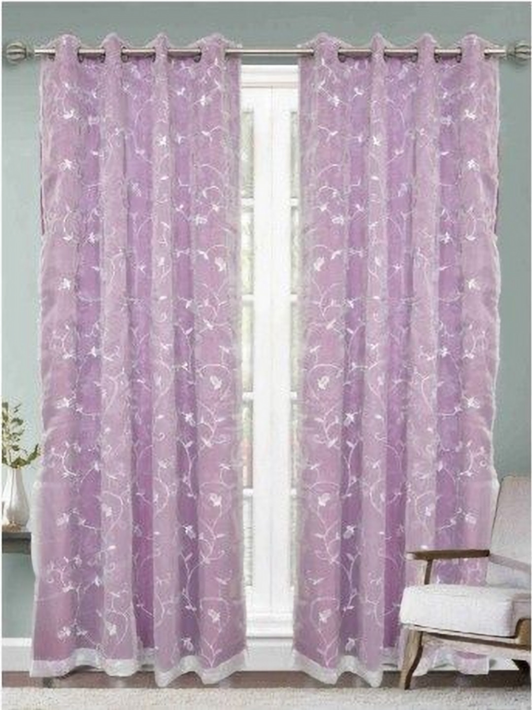 Aura Purple & White 2 Pieces Floral Embroidered Velvet Door Curtains