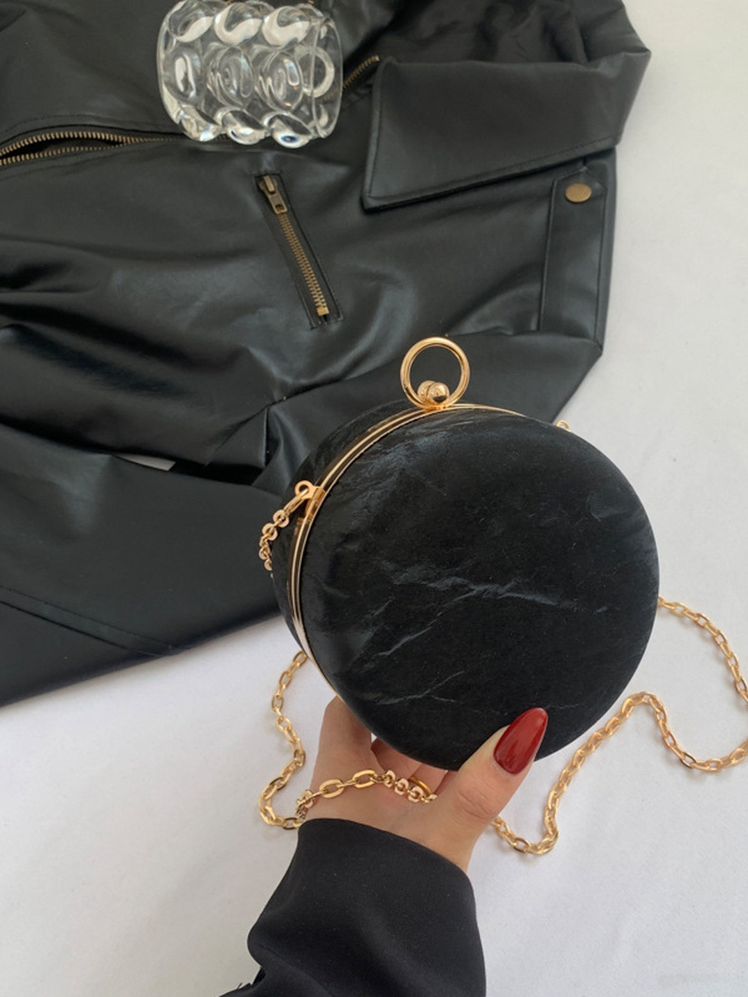 CORSICA Women Black & Gold-Toned Textured Round Clutch With Chain Sling Bag