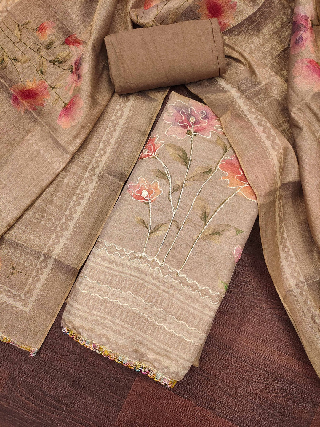 KALINI Floral Embroidered Unstitched Cotton Silk Dress Material