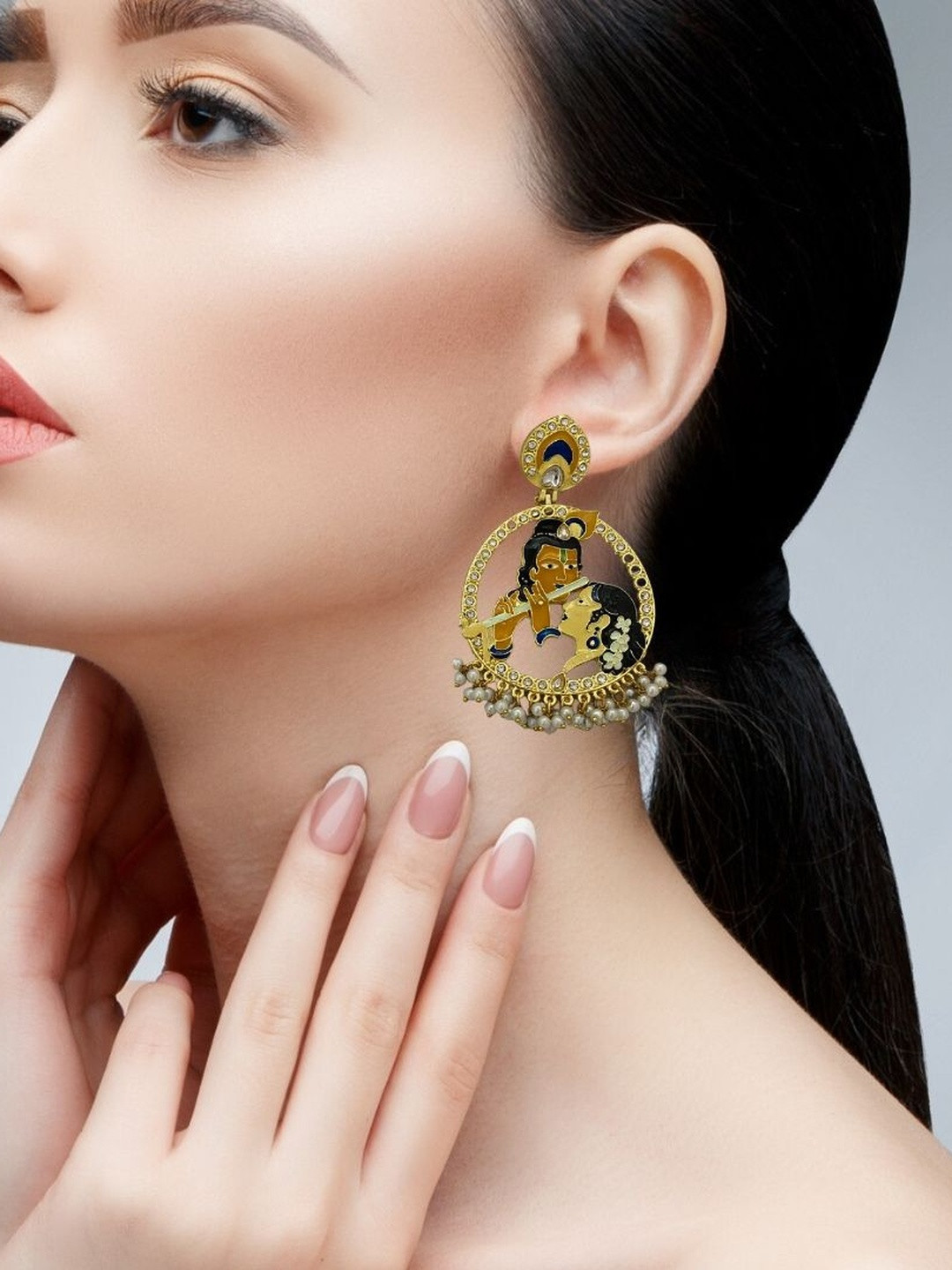 Fashion Theme Women Gold & Multi Coloured Hand Painted Radha Krishna Drop Earrings