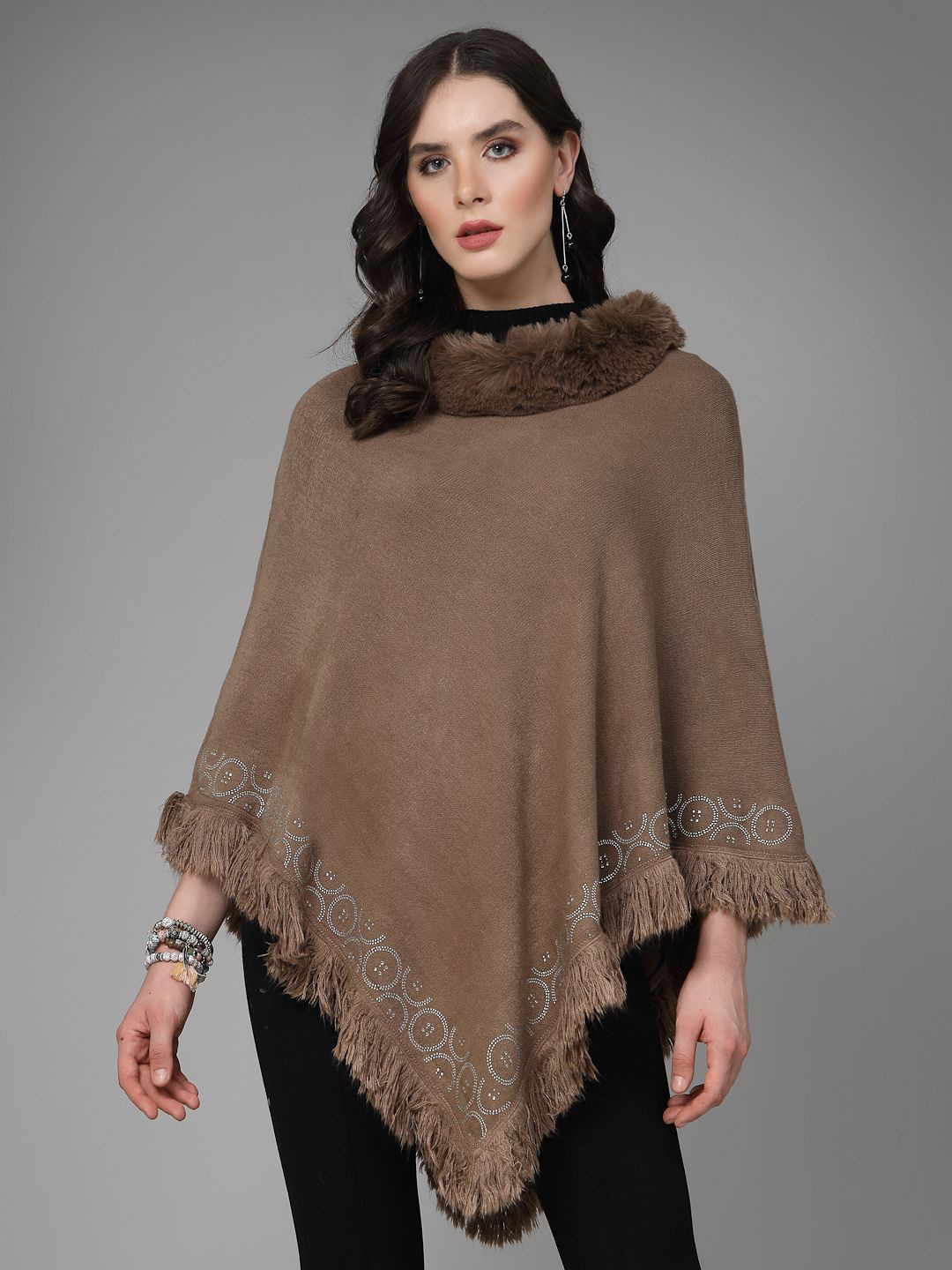 Mafadeny Stylish Fur Collar and Embellished Border Poncho