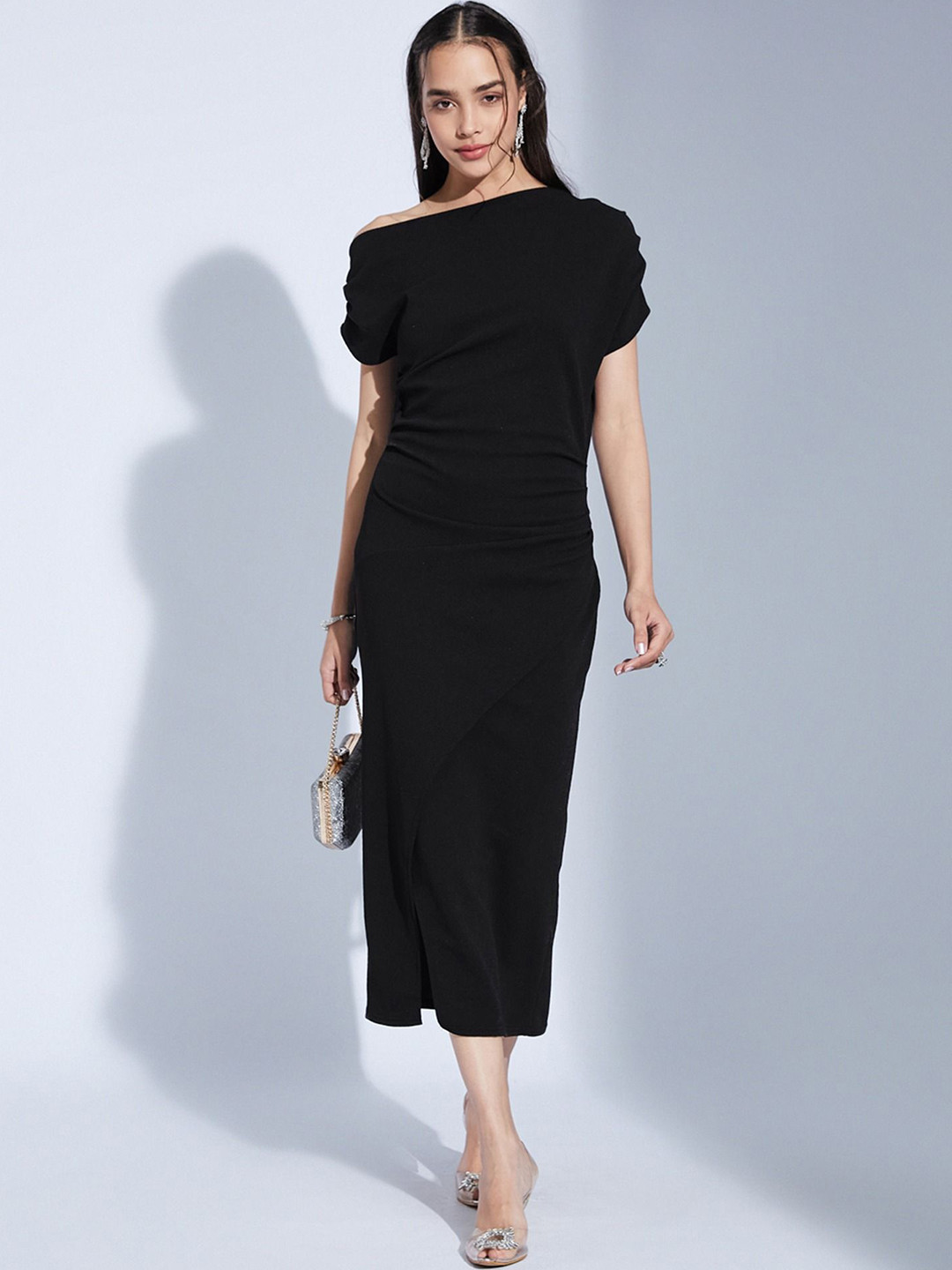 Selvia Edge Women One Shoulder Puff Sleeves Sheath Midi Dress