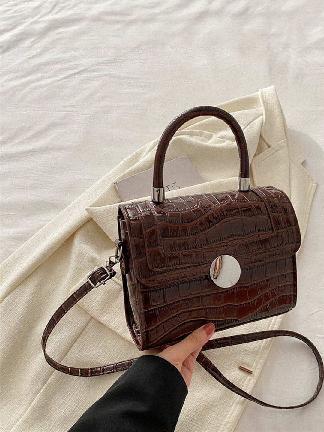 CORSICA Women Brown Croc Textured Adjustable Shoulder Strap Handbag