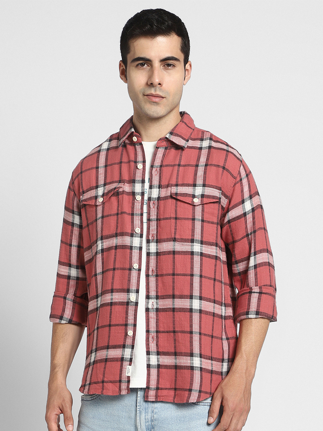 AMERICAN EAGLE OUTFITTERS Men Red Checked Cotton Casual Shirt
