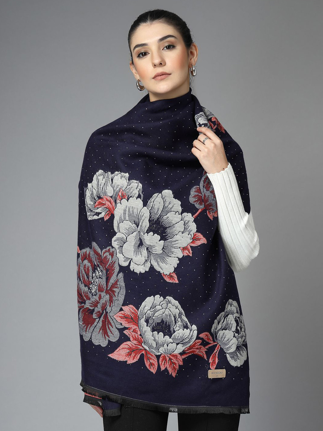 Mafadeny Women Flower Print and Beaded Woollen Stole