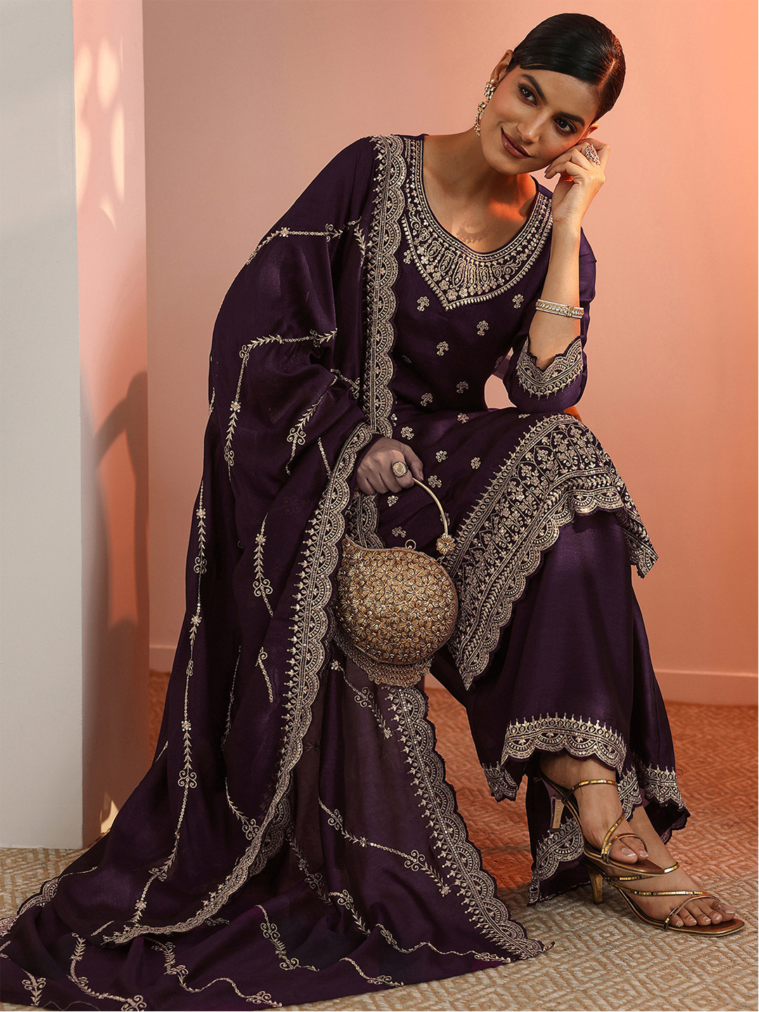 Libas Floral Embroidered Round Neck Thread Work Kurta With Palazzos & Dupatta