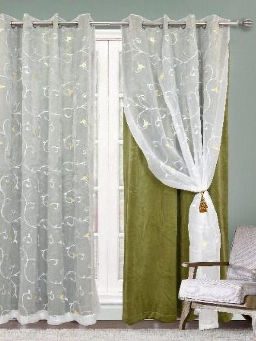 Aura Green Embroidered Velvet Long Door Curtain
