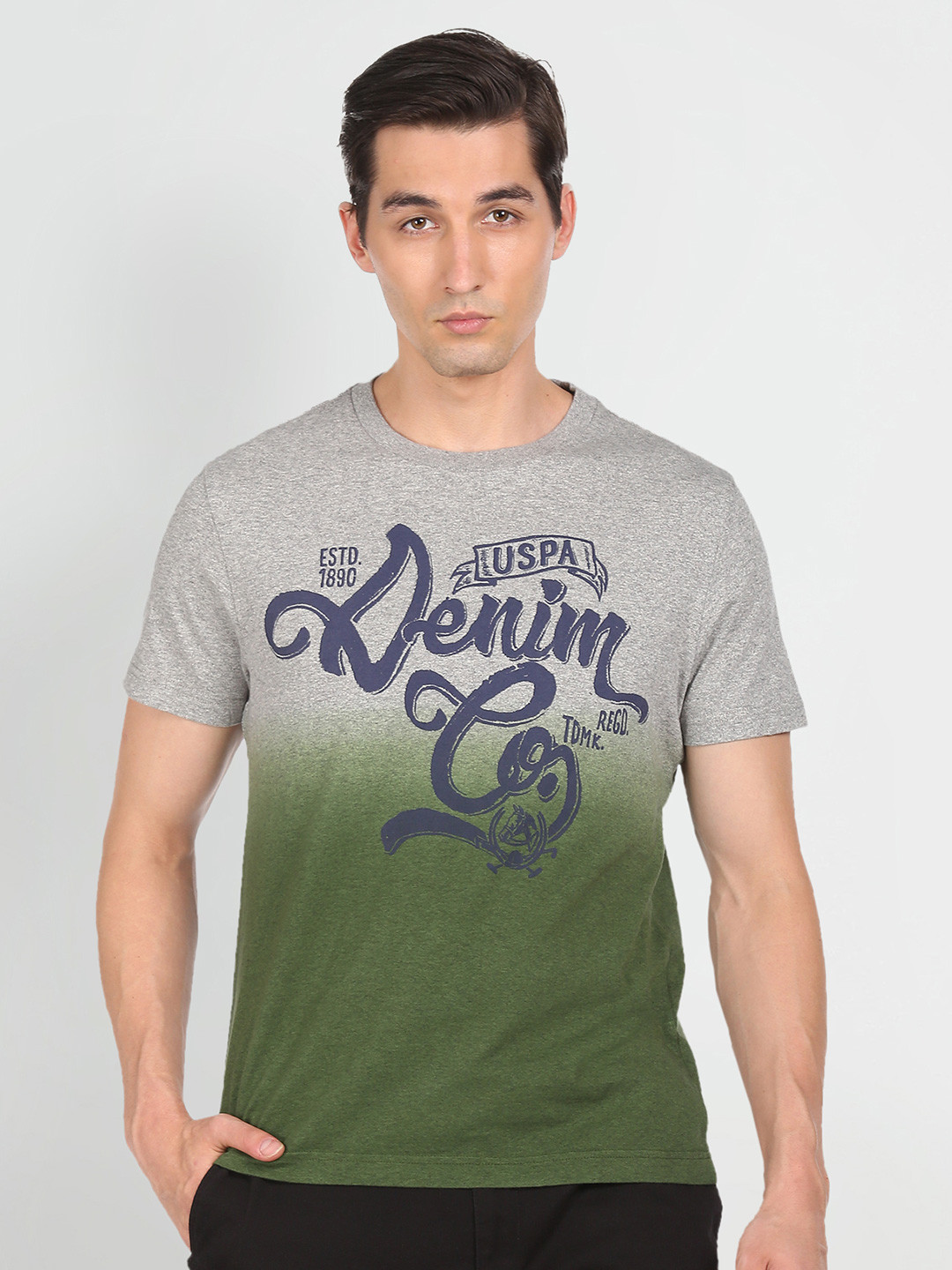 U.S. Polo Assn. Denim Co.Men Green & Grey Pure Cotton Typography Printed T-shirt
