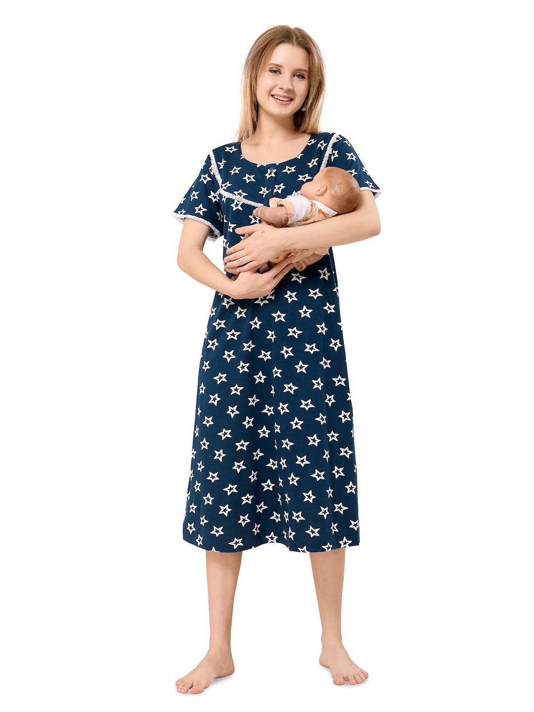Piu Women Conversational Printed Round Neck Pure Cotton Maternity Nightdress