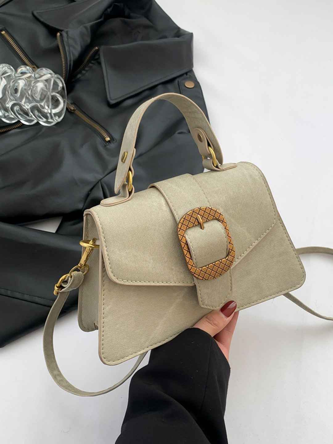 CORSICA Women Olive PU Buckle Detail Hand Bag