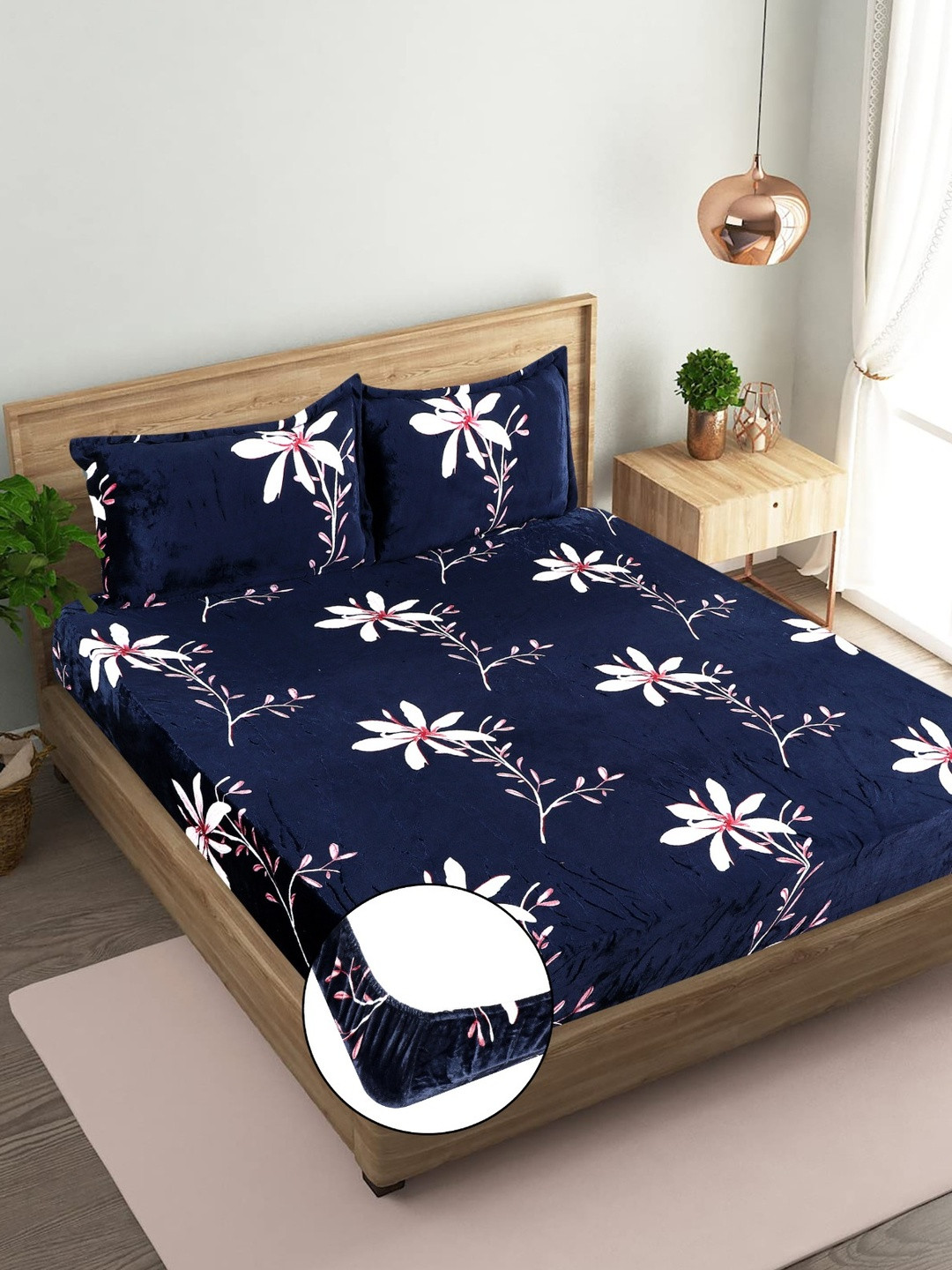 REALDREAM Navy Blue Floral Print Fitted 300 TC Velvet King Bedsheet With 2 Pillow Covers
