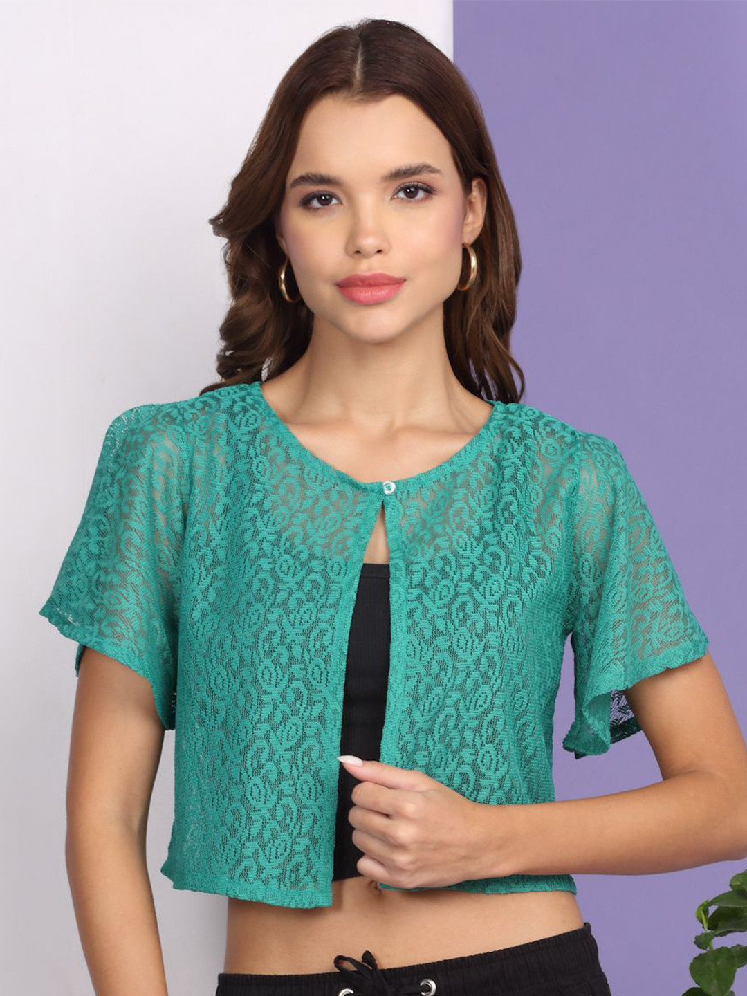 Dressitude Self Design Crop Sheer Shrug