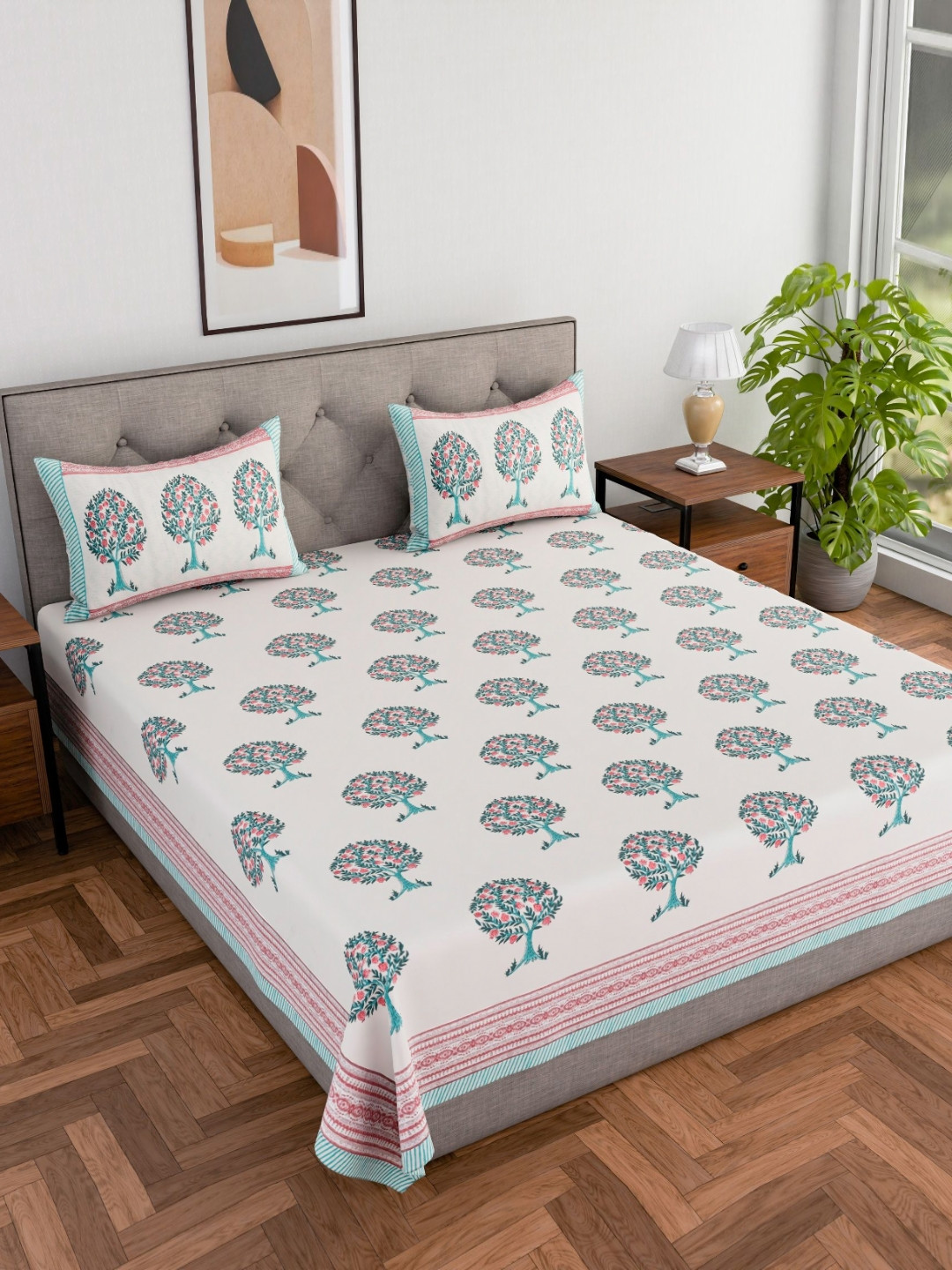 Jaipur Dohar Green Floral Printed Cotton 240 TC King Size Bedsheet With 2 Pillow Covers