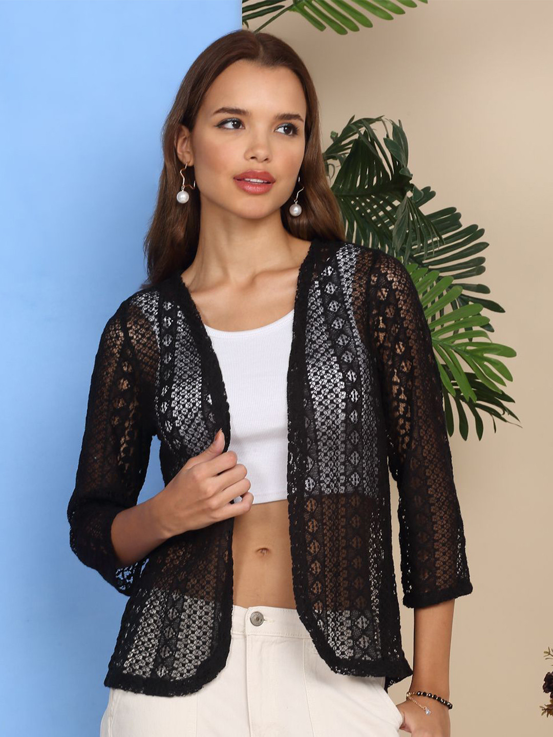 Dressitude Self Design Cotton Blazer Sheer Shrug