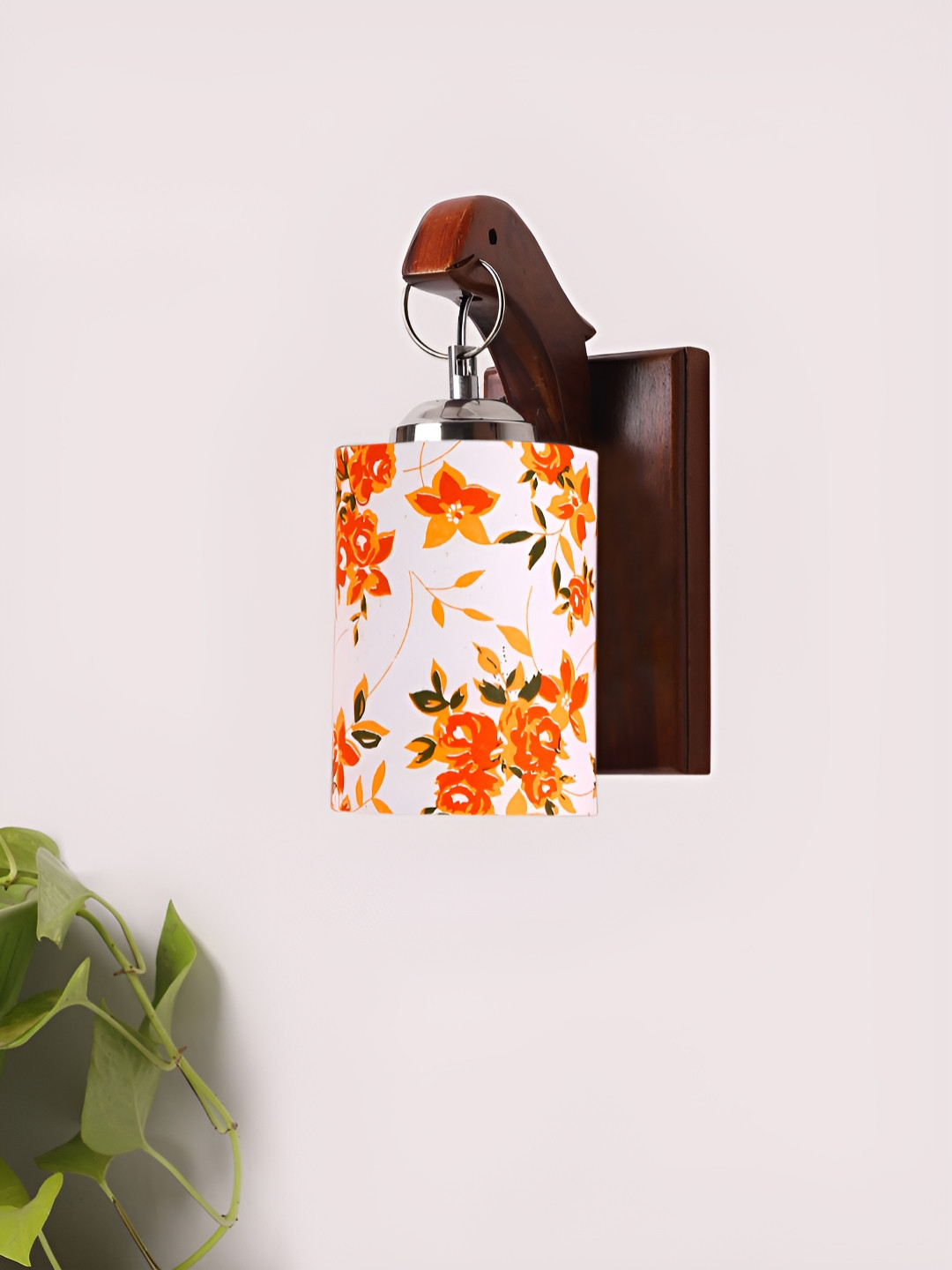 Devansh Brown & White Floral Printed Wooden Cylinder Shaped Wall Lamp With Cotton Shade