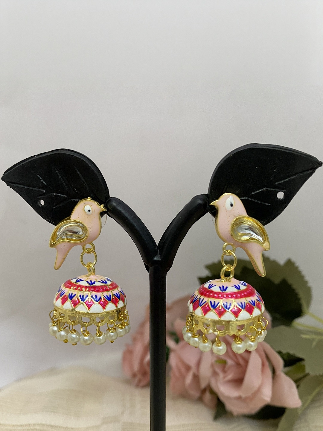 Fashion Theme Women Pink Gold Plated Parrot Bird Artificial Beads Jhumkas