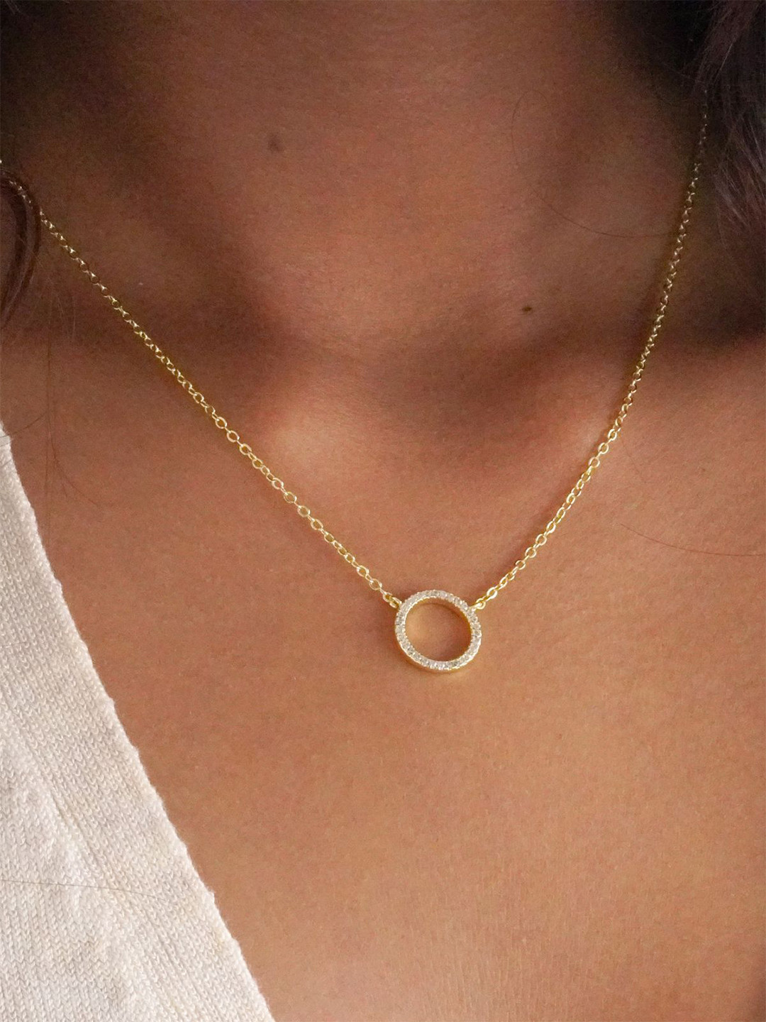 AQUASTREET 14K Gold-Plated Antitarnish Zircon Stones Circle Pendant Necklace