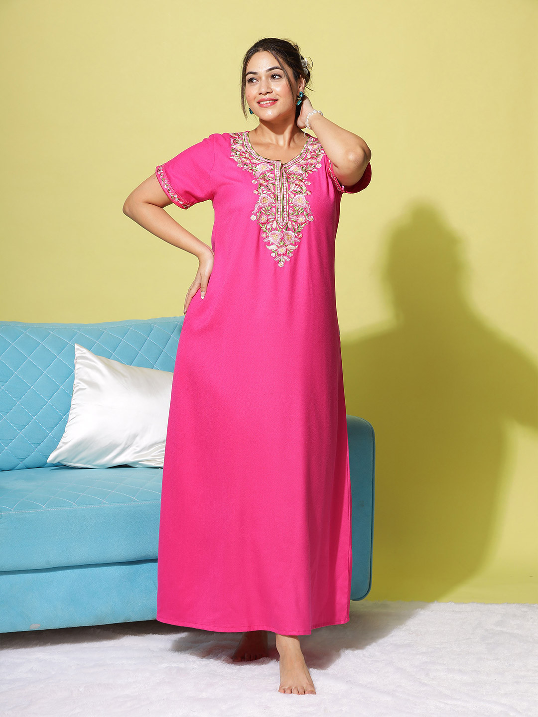 9shines Label Women Pink Embroidered Maxi Nightdress