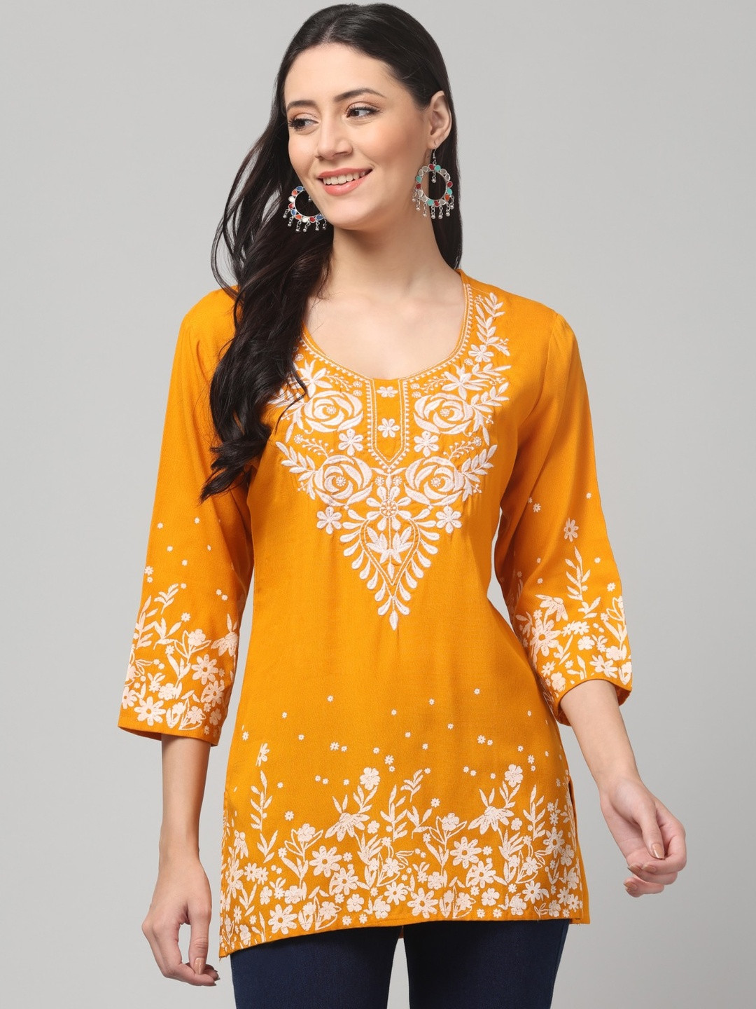Aura Glam Women Rayon Embroidered Mustard Kurti