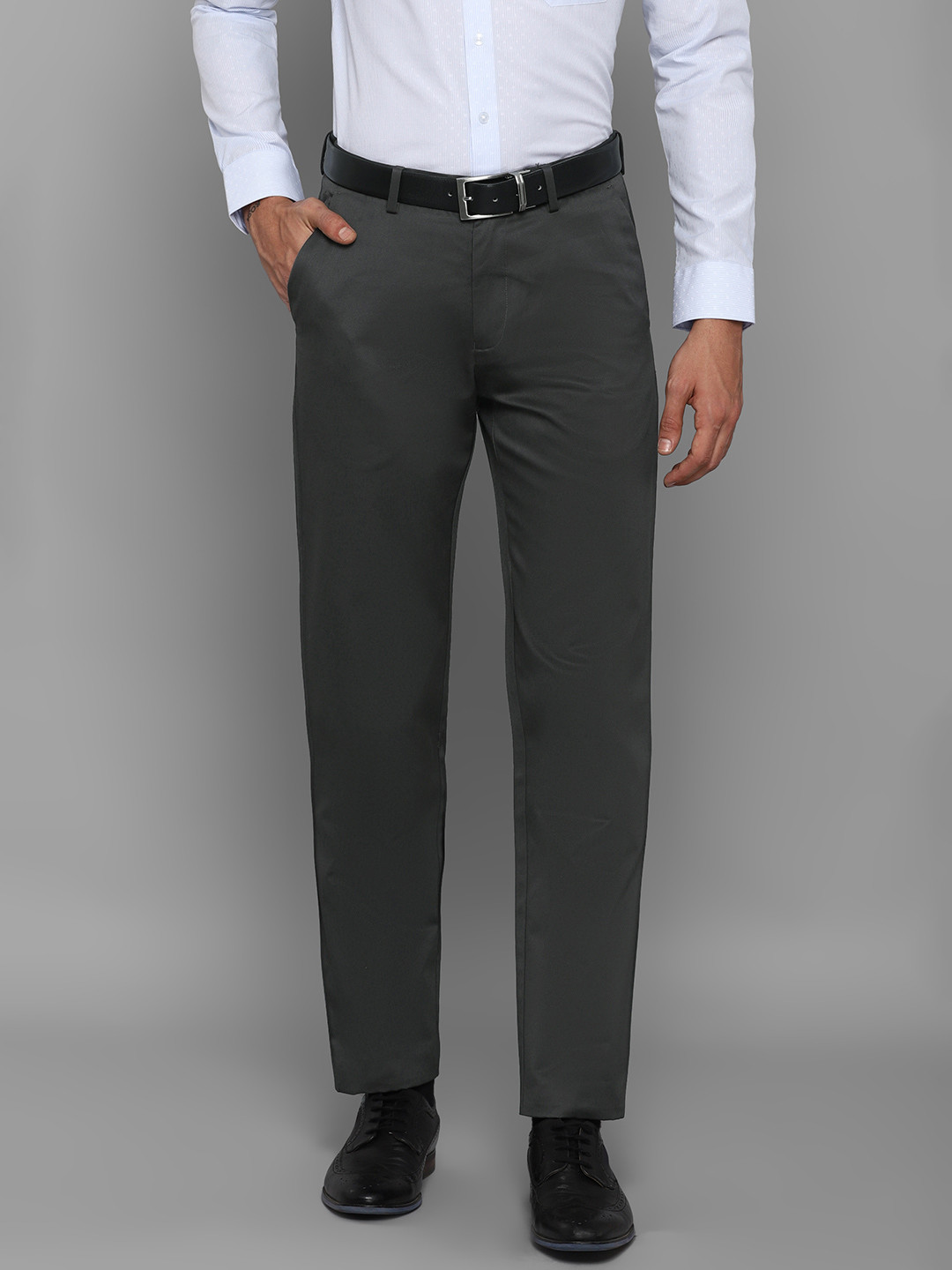 Louis Philippe Men Charcoal Black Slim Fit Mid-Rise Formal Flat-Front Pure Cotton Chinos