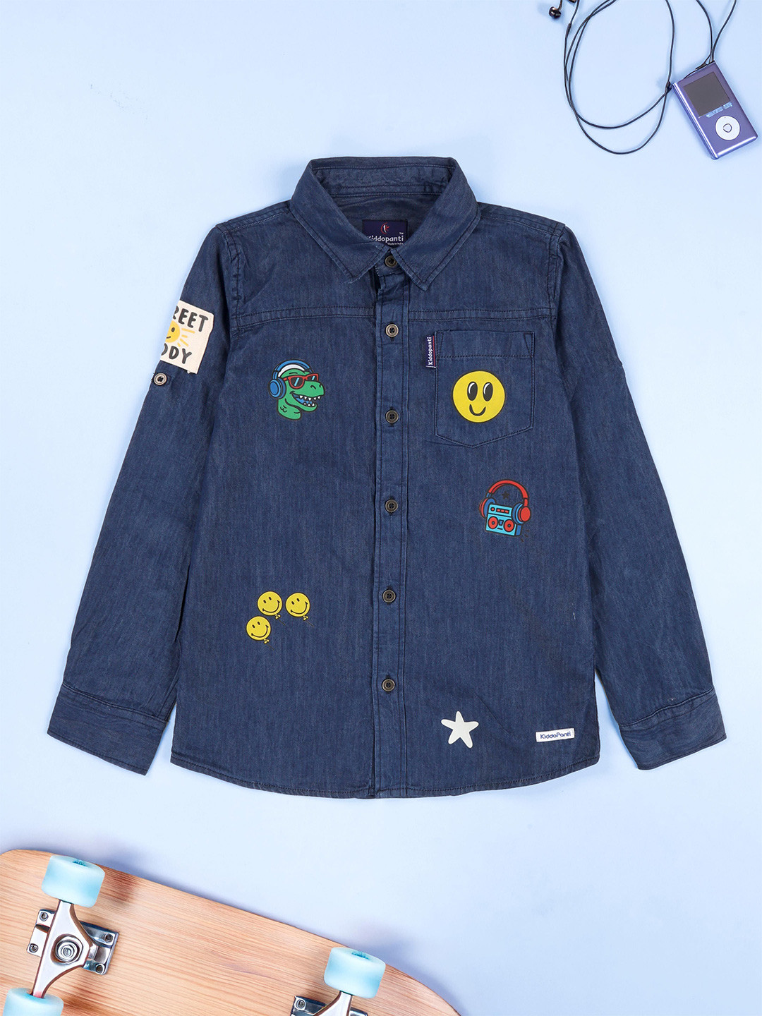 KiddoPanti Boys Pure Cotton Casual Denim Shirt With Pocket and Multi Print
