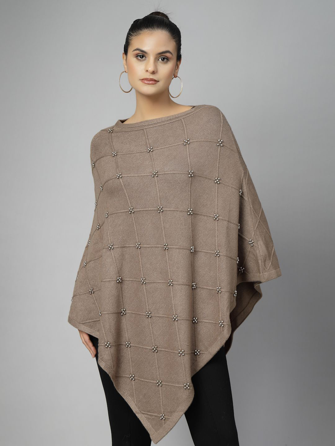 Mafadeny Boat Neck  Beaded Grid Design Poncho