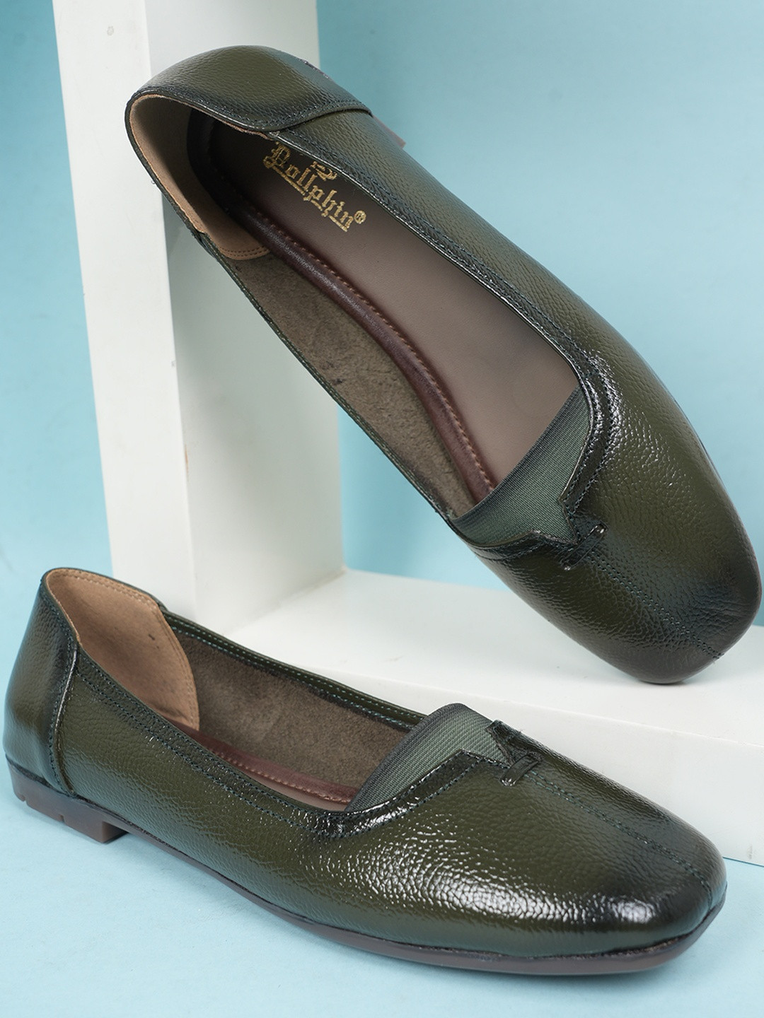 Dollphin Women Green Solid Round Toe Slip On Synthetic Patent Mojaris