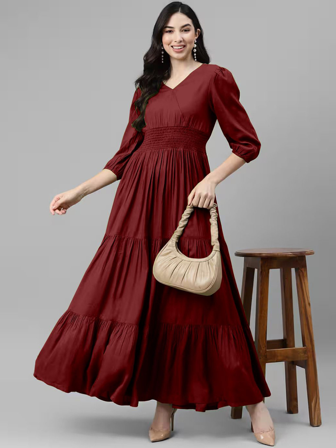 Raiyani Fashion V-Neck Puff Sleeves Smocked Tiered Fit & Flare Maxi Dress